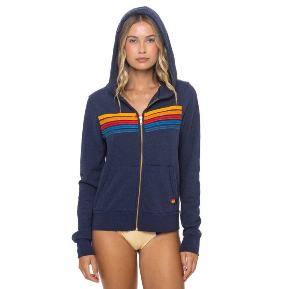 Aviator Nation Womens XS Navy Blue 5-Stripe Rainbow Zip Up Hoodie Sweatshirt